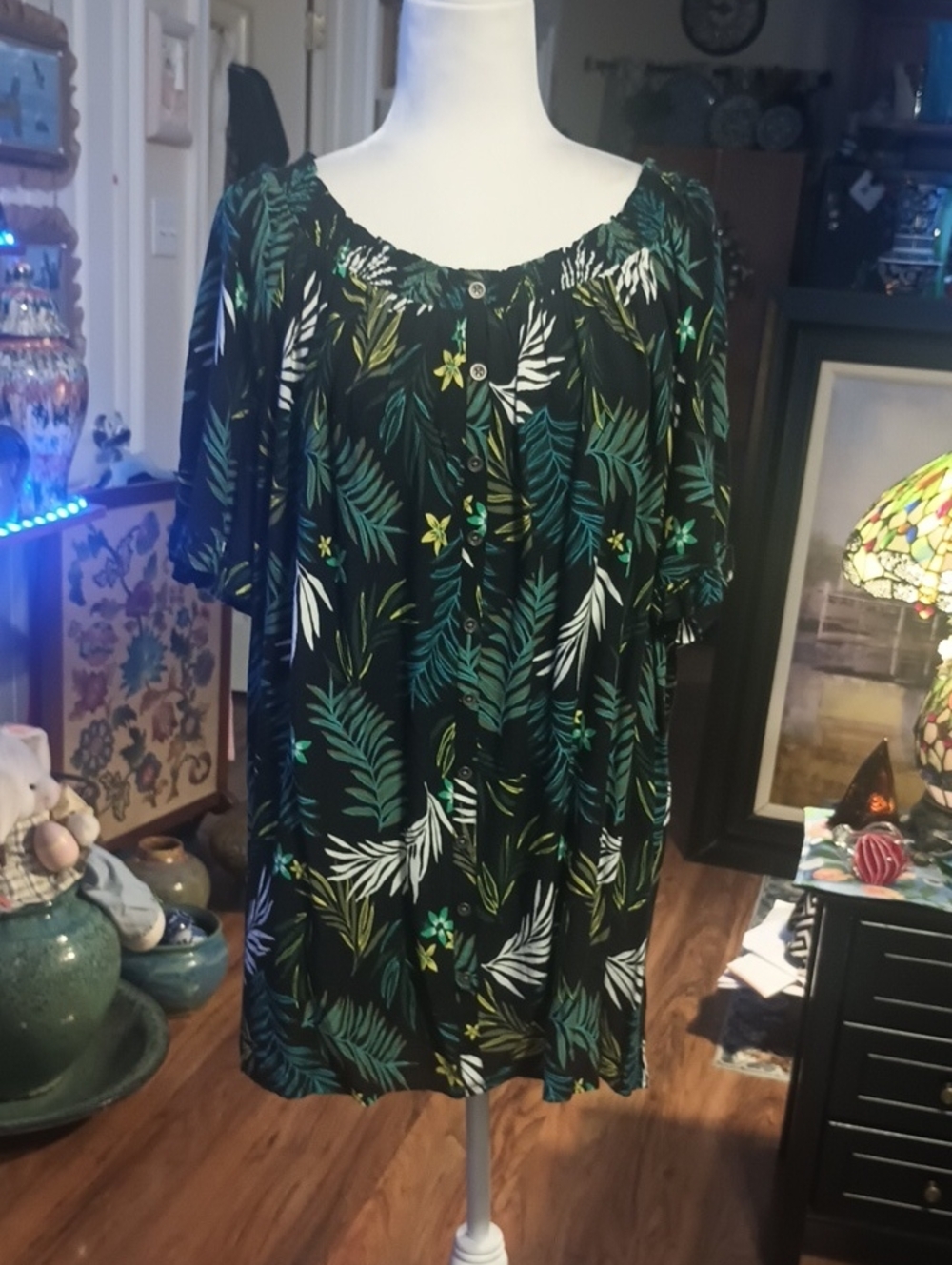 Terra & Sky Multicolored Leaf Floral Short Sleeves The Top Size 2X